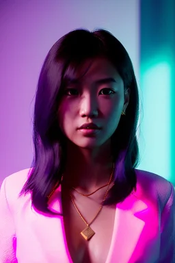 Young asian woman, sci-fi, purplr hair, gold eyes, gold jewelry, elegant hair, retro neon style, a lot of led lights, fog, rain, leather, vibrant color, highly detailed, art stations, concept art, smooth, unreal engine 5, god rays, ray tracing, RTX, lumen lighting, ultra detail, volumetric lighting, 3d, finely drawn, high definition, high resolution.