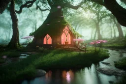 Magical fantasy elven hut misty forest rivendell tree flower pink green yellow beautiful nature river 4k full hd