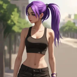 a pretty girl, skinny, relaxed, tank top, purple hair, ponytail, stylised, digital art