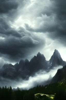 5. Generate an image of a dramatic stormy sky over a mountain range