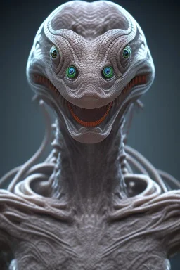 snake alien, head,8 eyes, smile, 8k, with hairs, finely detailed, photo realistic, HR Giger style