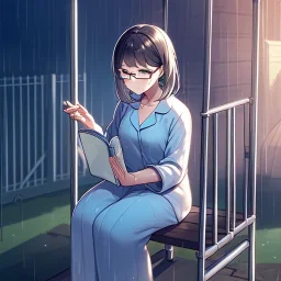 anime girl sitting on a porch swing of an old house, journaling, wearing pajamas, writing in a book, shes watching it rain, more detail on hands and her face,shes deep in her thoughts, wearing glasses, rain drops, she has a pencil in her hand and is writning in the book, she is looking down at what she is writing