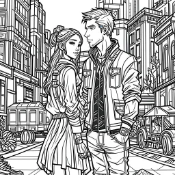 Cyberpunk style, coloring book page, cartoon modern style, couple love in city, whole couple view