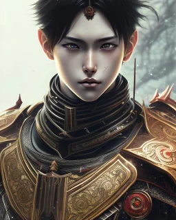 Detailed anime boy, dark brown hair, black and red dragon scale armour, intricate details, full body portrait, keep head in frame, slight smile, black Japanese motif, concept art, highly detailed, digital painting, concept art, sharp focus, illustration, art by Yoji Shinkawa, WLOP and greg rutkowski and alphonse mucha and artgerm and yanjun Chen and Junji ito and Makoto Shinkai, HDR, octane render