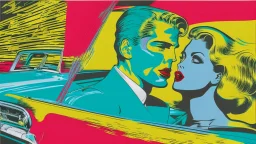 stalking a couple in love into a cadillac eldorado 1959 flammable,pop art, Andy Warhol, Roy Lichtenstein