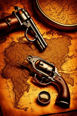 old wildwest revolver laying on an old map next to a magnifying glass, hyper realistic