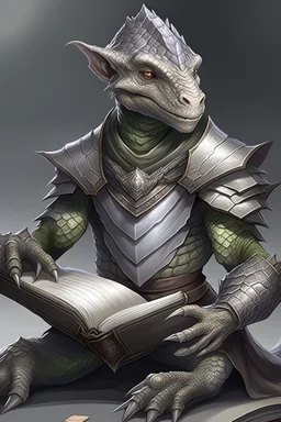 reptilian humanoid, kobold, grey diamond - shaped scales, big magic book