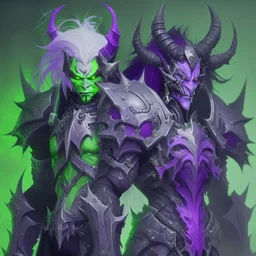 Demonio de armadura morada y verde con cabello blancos posando junto con un demonio de armadura negra y verde con cabello oscuro