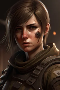 12k wallpaper of Arina- 34 years old woman, mercenery, fierce and stunning, Bobcut brown hair, athletic, wearing combat clothes- HDR quality - trending in artstation, ultra realistic, highly detailed neck, highly detailed face