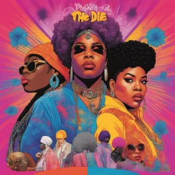 women of hip hop [physchedelic album cover illustration colourful Ready To Die by The Notorious B.I.G.] Salt and pepper, Shay, Queen Latifah, Roxanna chanté
