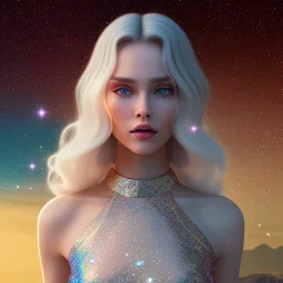  full body white woman glitter smiling long blond hair blue eyes in a galactic ambiance, delicate colors in the foreground, full of details, smooth, light effect，vaporwave colorful, smooth, extremely sharp detail, finely tuned detail, ultra high definition, 8 k, ultra sharp focus