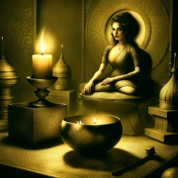 refine and improve this image, do this in a ghostly haunted gothic aesthetic and change the color tone to sepia. change the decorations to something more fitting and suitable, more and smaller candles.