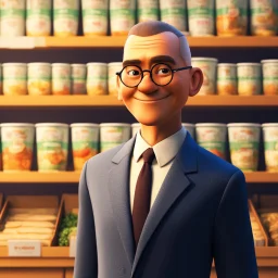 Disney pixar 3D style tan skin middle aged man with crew cut hair wearing thin round glasses and suit in food background smiling