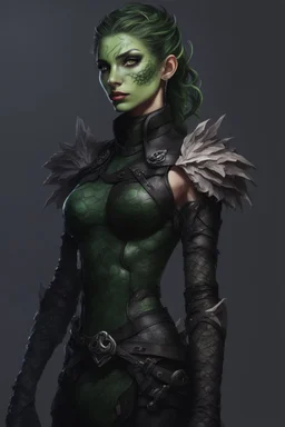 female snake humanoid, green scales, wearing a black leather armor, dungeons and dragons