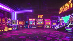 A dark photo of the corners of an 80's aesthetics arcade at night, with a lot of functioning arcade machines, a vaporwave floor and some colorful tiles in between the floor. Purple aesthetics.