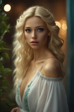 young woman small in stature Her features were soft, and her blonde hair framed her petite face.she wore was a thin white nightdress, which ended just above her knees. green/blue eyes. realistic 4k fantasy