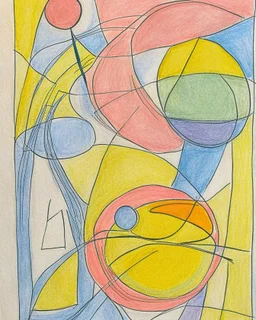 Abstract paul klee painting on pastel paper with sketchy pencil outlines