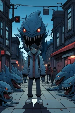 A black shadow wearing a light blue jacket, red eyes like a snake's eyes, and sharp teeth, standing on a terrifying street filled with strange creatures.