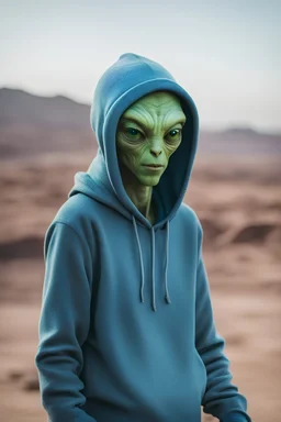 humanlike green alien wearing blue hoodie and gray beanie on planet