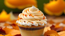 frosted iced caramel cupcake with srpinkles autumn fall leaves background