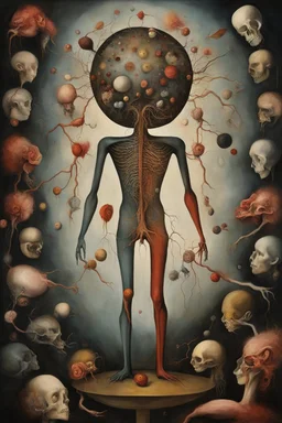 The human body is an anti-entropy device, anatomical making order out of chaos, metaphorical body compartmentalization, surrealism, by Bruno Munari, by Alexander Jansson, by Erik Thor Sandberg, dark colors, dreamy weird-core, art from beyond.