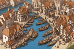 gothic medieval wooden harbour with piers and ships, people, shops, bridges, arches, balconies, taverns, blue sky