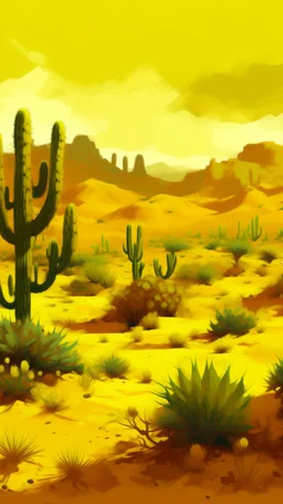 A yellow desert with cactuses painted by Zosan