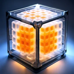 a futuristic translucent neurocube, inside the cube there are partitions made of honeycomb plates