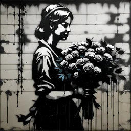 a woman in love with a woman, she looks proud, black flowers, style of banksy