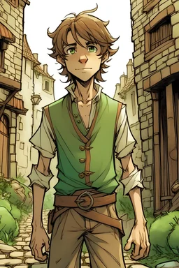 Young skinny scrawny 13-year-old boy with messy brown hair, freckled face, white short-sleeved shirt with brown armbands on sleeves, green sleeveless tunic coat, brown belt in a medieval setting, arms and hands behind back, cartoon art style