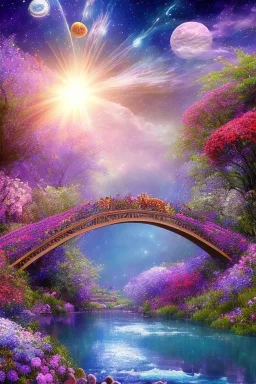 Pont avec des fleurs , riviers animé, soleil, ciel étoilé cgi,cinema 4d