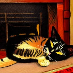 oil portrait of a Cat sleeping by the fireplace by Monet 8k