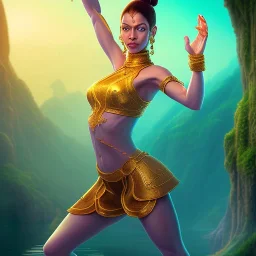 dhalsim as woman, yoga artist on a boat in the air, maze background , levitated lab equipment, 4k, Highly Detailed, Masterpiece, perfect eyes, Digital Illustration, Cinematic Lighting, Realistic, Sharp Focus, Centered, Beautifully Lit, Bioluminescent by Stanley Artgerm Lau