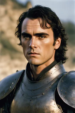 A portrait of Joaquin Phoenix from year 2000, beachy haircut, black hair, in medieval setting, in burnished medieval samurai armor, melancholic and dangerous facial expression