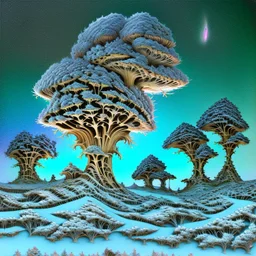 Vibrant, whimsical Mandelbrot fractal, winterly Tuscany landscape with frosted cypress trees, mountains, one single shooting star between clouds of silver and gold, richly textured acrylic ink and charcoal line art, in a zentangle style mix, blending Amanda Clark's fantastical elements and Catrin Welz-Stein's intricate details with Eyvind Earle's subtle earth tones and Georges Braque's bold geometri