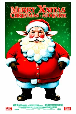 fat Santa mixed with a fluffy sheep, with title ( Merry Xmas Autofarm), 1990s style movie poster, national lampoons christmas vacation