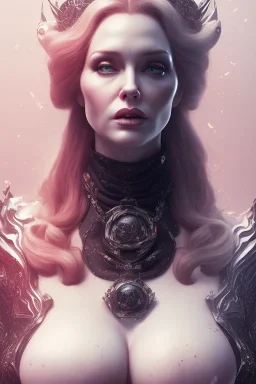 Christina Hendricks as evil queen in black leather, cleavage, angry, stern look. character design by cory loftis, fenghua zhong, ryohei hase, ismail inceoglu and ruan jia. unreal engine 5, artistic lighting, highly detailed, photorealistic, fantasy