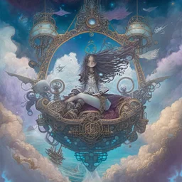 a girl, of a skilled spellcaster, sitting on a throne-like seat, surrounded by pulsating arcane symbols and intricate controls, ((on the deck)) of a majestic ((((flying)))) ((Spelljammer)) ((sailing ship floating on misty clouds in the sky)), navigating through a dreamlike realm of levitating islands and otherworldly landscapes. Positioned on the ship's deck, radiant colors, magical energy flowing from the spellcaster's hands, fueling the ship's flight. digital art, anime