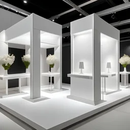 Design a booth for wedding dresses at an exhibition.In a simple, modern style, open from all sides ,White color