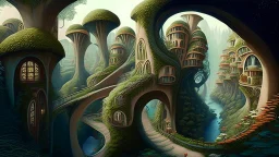 Gigantic mushroom village with balconies, archways, stairs, bridges, bushes, spanish moss, ivy, river, a winding pathway through the middle, in a valley