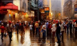 Brent Heighton, Giger, a large deep hole on the street, furry giant red spider climb out, crowded people run away, great composition, highly detailed, high quality