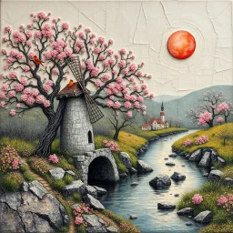 Pedro Friedeberg, Catrin Welz-Stein, Cecilia Frigati, Ton Dubbeldam, Escher and Fibonacci extremely textured abstract acrylic painting with a network of very fine cracks on worn canvas: a watermill in a storybook village in a flowering zentangle spring landscape with a river, with majestic old trees with gnarly blooming branches and birds in iridescent light pink-red colours perched on them, patches of grasses, rocks, under a pink-orange sun. pop surrealism, 3D relief, soft tones, textured brush