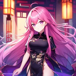 girl, masterpiece, best quality, volumetric lighting, detailed outfit, perfect eyes, pink hair, long hair, vibrant purple eyes, black stockings, chinese clothes,