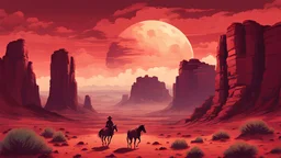 red cloudy sky, planet in the sky, red rocks, mountains, sci-fi, influenced by spaghetti westerns colours and tone. have a lone Mexican cowboy ridding horse back down the middle of the frame small compared to the large red cliffs and remanent of giant robots