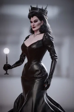 Carmen Dell`orifice as evil queen in black leather gown, angry, busty, curvey, cleavage, unreal 5, octane render,cinema4d, dynamic lighting, dramatic lighting, 4k, redshift render, highly detailed, hyper realistic