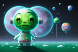 green alien in the style of mark ryden, (big black oval eyes), silver spacesuit, martian, raygun, 2d render icon, cute, sticker art, vibrant colors, moon surface bg, south park, centered full body in center of frame, smooth, (hello kitty art), minimal detail, bright lighting