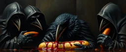 master oil painting by Rembrandt, good afternoon bitch scary blood sparrow, the most dreaded sparrow, close up, in dark blood bath, blood dripping, evil big eyes, scary clothes, like a count, he is eating a hot dog with a bunch og dark knights