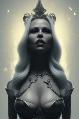 Pamela Anderson as evil queen in black leather, leather, busty, cleavage, angry, stern look. character design by cory loftis, fenghua zhong, ryohei hase, ismail inceoglu and ruan jia. unreal engine 5, artistic lighting, highly detailed, photorealistic, fantasy