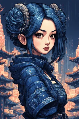 8bits, Pixel Art, beautiful cyberpunk petit girl, hyperdetailed, illustration by Katsushika Hokusai, darkblue tones,