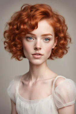A short girl with thick short wavy red hair, narrow kind eyes with an enthusiastic look. A wide oval face is decorated with an upturned nose and small lips, a full-length ballerina